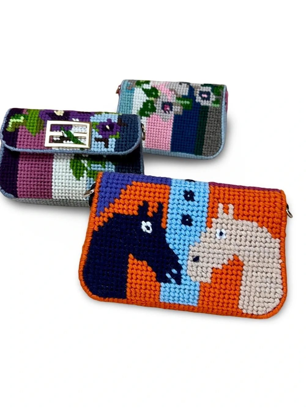 Needlepoint Mini Baguette Bag Equestrian Theme Clutch with Silver Chain Strap